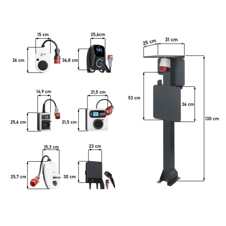 Hochwertiger universeller Standfuß aus Aluminum für Ladestation mit CEE-Stecker, 3F, 16A, 11 kW